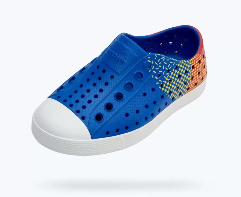 Native Shoes Shoes^Jefferson Sugarlite Block Child Uv Blue/ Shell White/ Hyper Freesia Celery Block