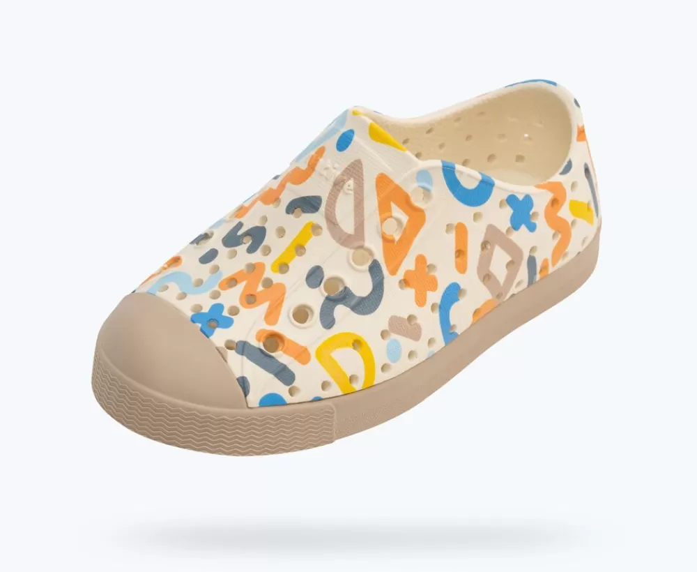 Native Shoes Shoes^Jefferson Sugarlite Print Child Bone White/ Flax Tan/ Apricot Resting Squiggle