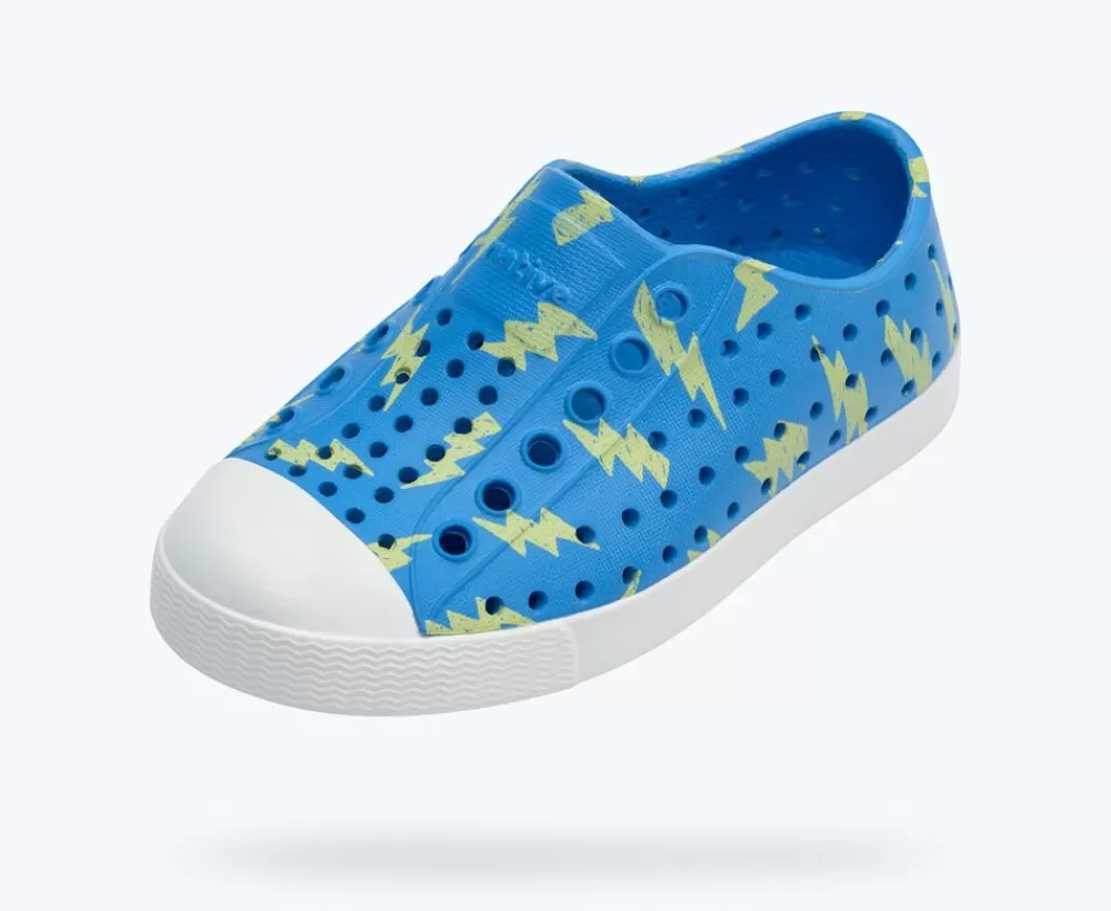 Native Shoes Shoes^Jefferson Sugarlite Print Child Resting Blue/ Shell White/ Celery Lightning