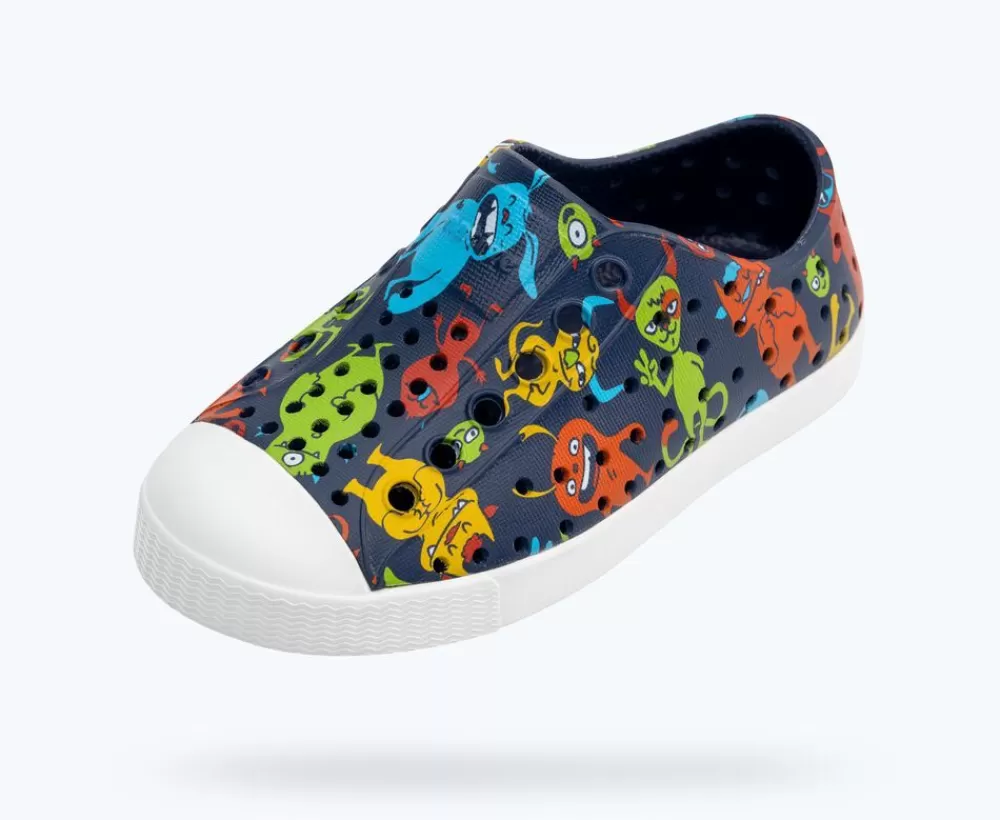 Native Shoes Shoes^Jefferson Sugarlite Print Child Regatta Blue/ Shell White/ Resting Laflame Critters